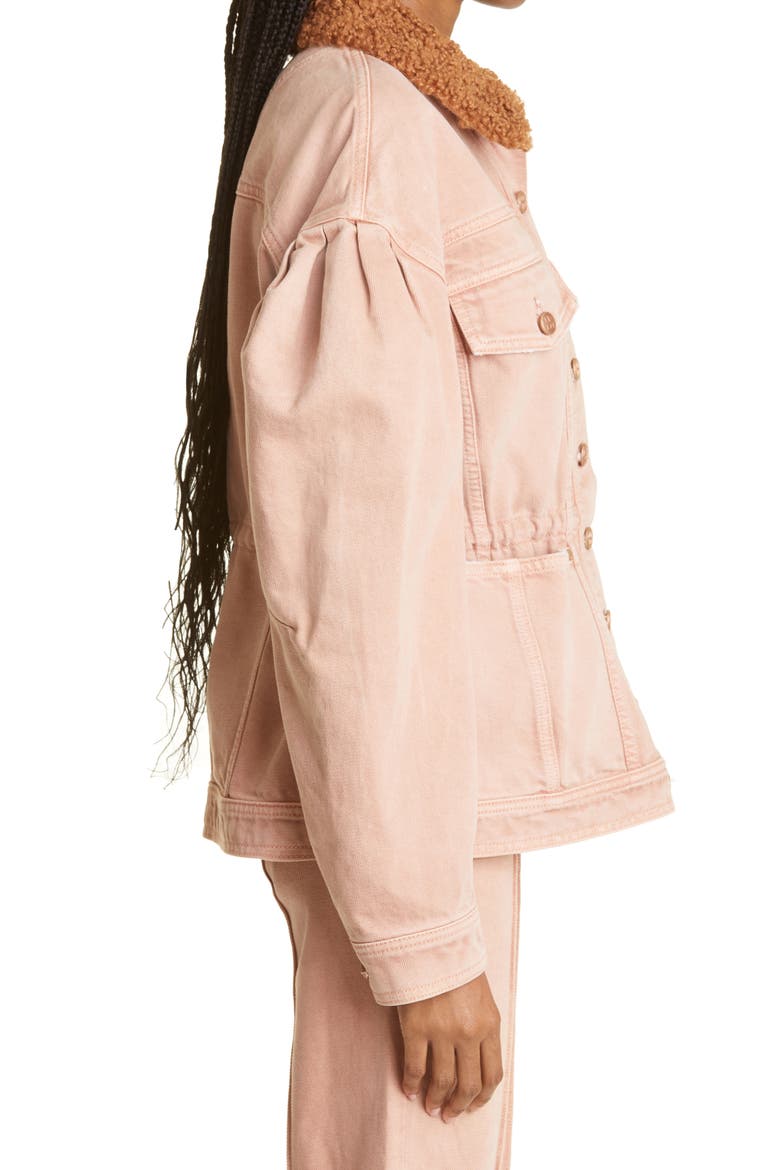 Odette Blouson Sleeve Denim Jacket with Faux Fur Collar, Alternate, color, ROSEWOOD WASH