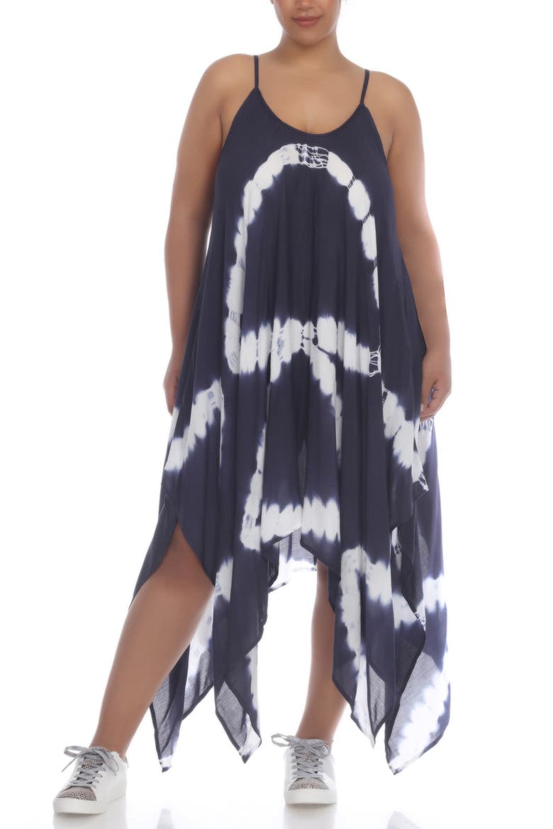 Tie Dye Print Handkerchief Hem Maxi Dress, Main, color, NAVY TD