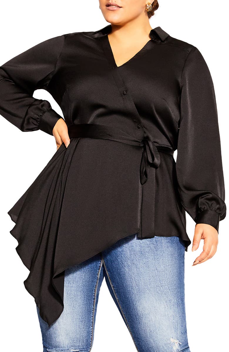 City Chic Tie 'N' Flow Asymmetric Satin Wrap Blouse, Main, color,