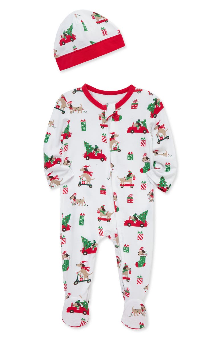 Little Me Holiday Pups Stretch Viscose Footie & Hat Set, Alternate, color, White Multi