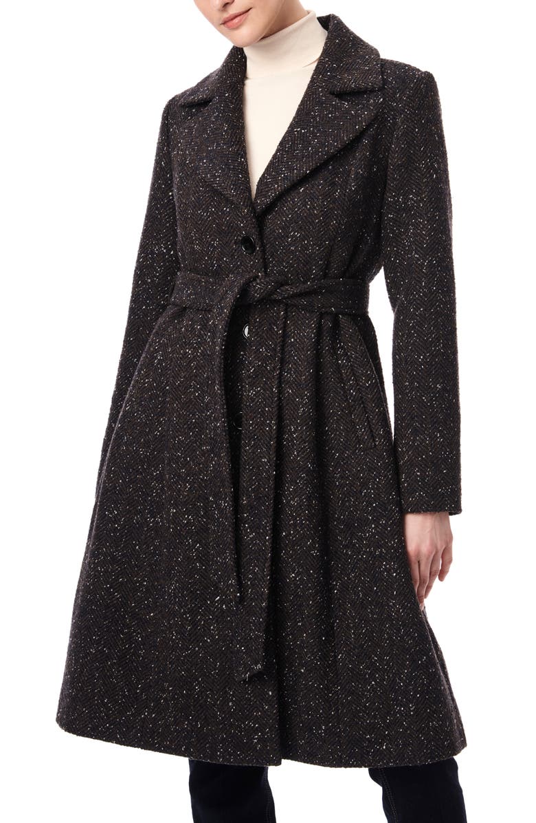 Bernardo Longline Belted Herringbone Tweed Coat, Main, color,