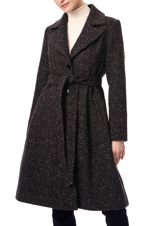Longline Belted Herringbone Tweed Coat