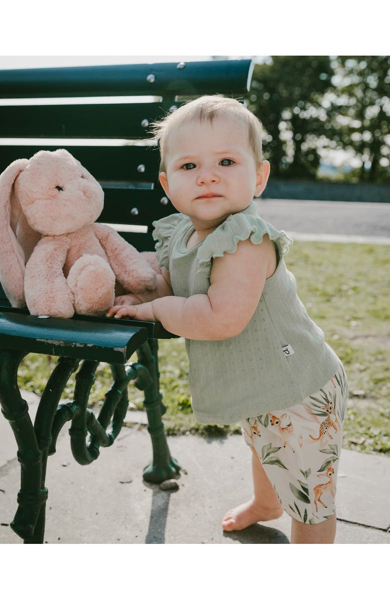 Deux par Deux Pointelle Top and Organic Cotton Jersey Peach Deer Printed Short Set, Alternate, color, Green And Peach Deer Print