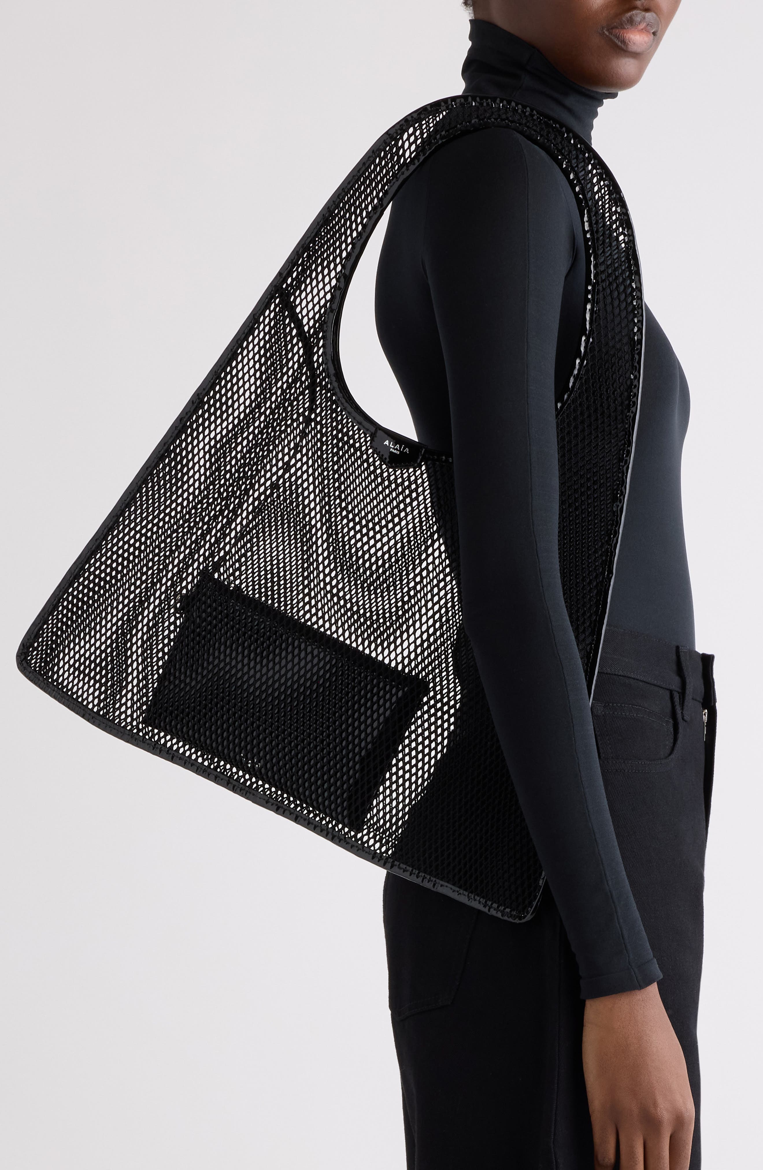 One-Piece Fishnet & Patent Leather Shoulder Bag, Main, color, NOIR 999