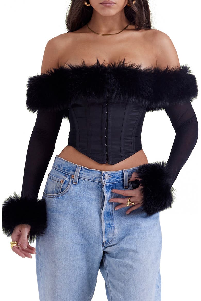 HOUSE OF CB Merle Faux Fur Off the Shoulder Crop Corset (Women