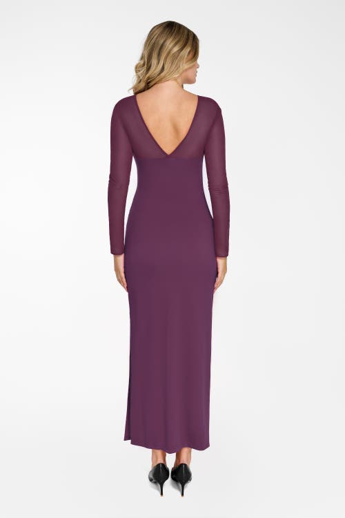 Popilush Shapewear Mesh Long Sleeve V-back Slimming Maxi Dress In Plum