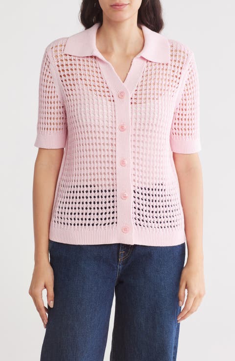 Crochet Short Sleeve Button-Up Sweater