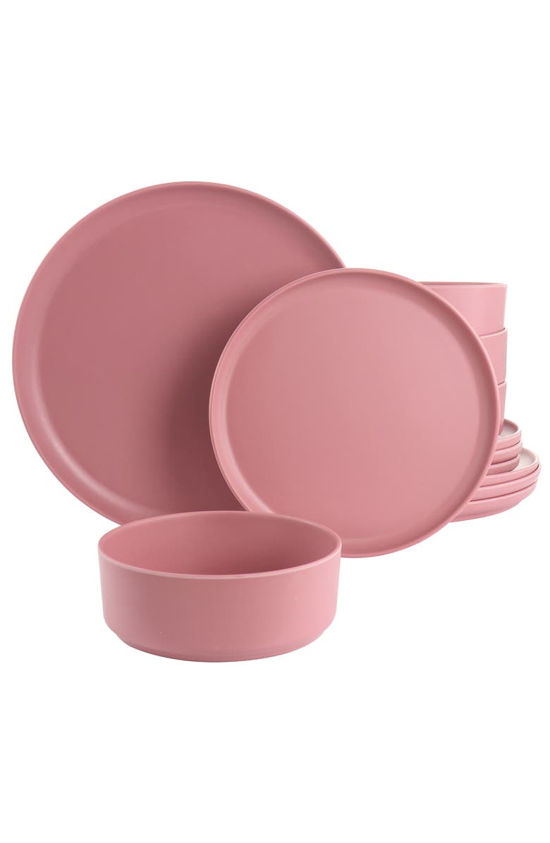 Gibson Home Canyon Crest 12 Piece Round Melamine Dinnerware Set, Main, color, Pink