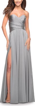 La Femme Simple Strapless Jersey Dress with High Slit
