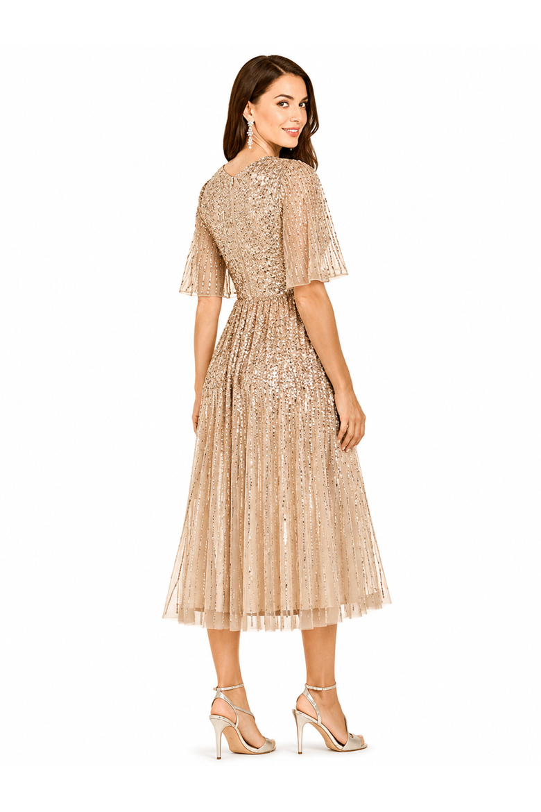 Flowing, Sequin Midi Dress with Short Sleeves, Alternate, color, Champagne