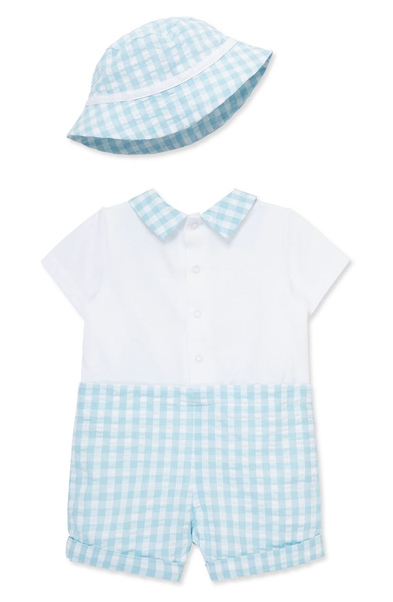 Little Me Cotton Gingham Romper & Hat Set, Alternate, color, Blue Check