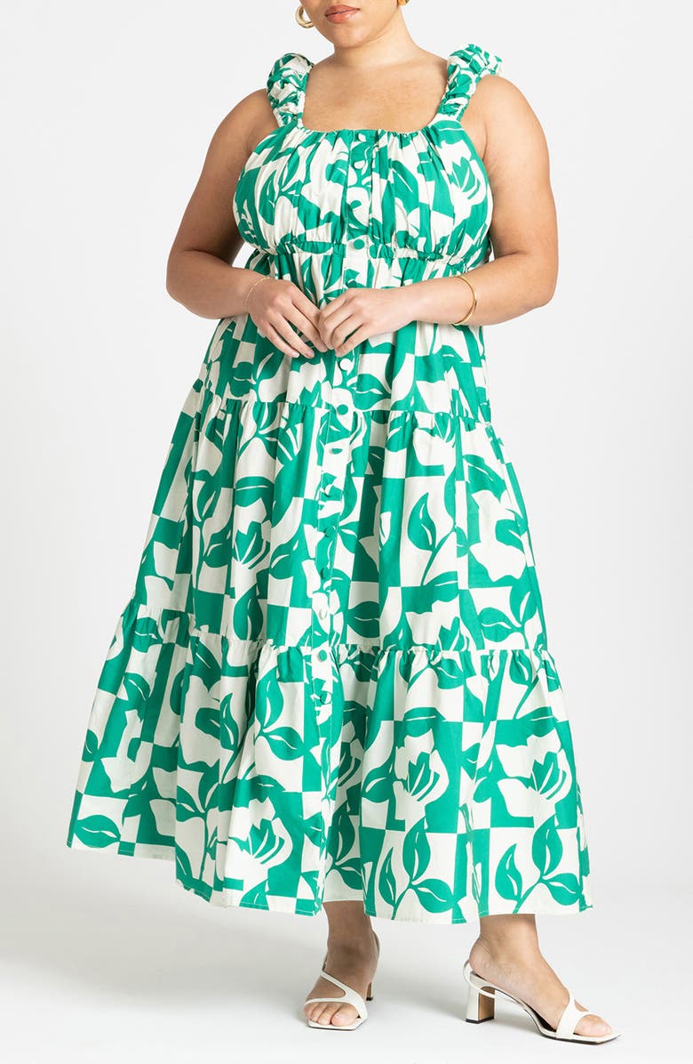 ELOQUII Foliage Print Tiered Maxi Sundress, Main, color,