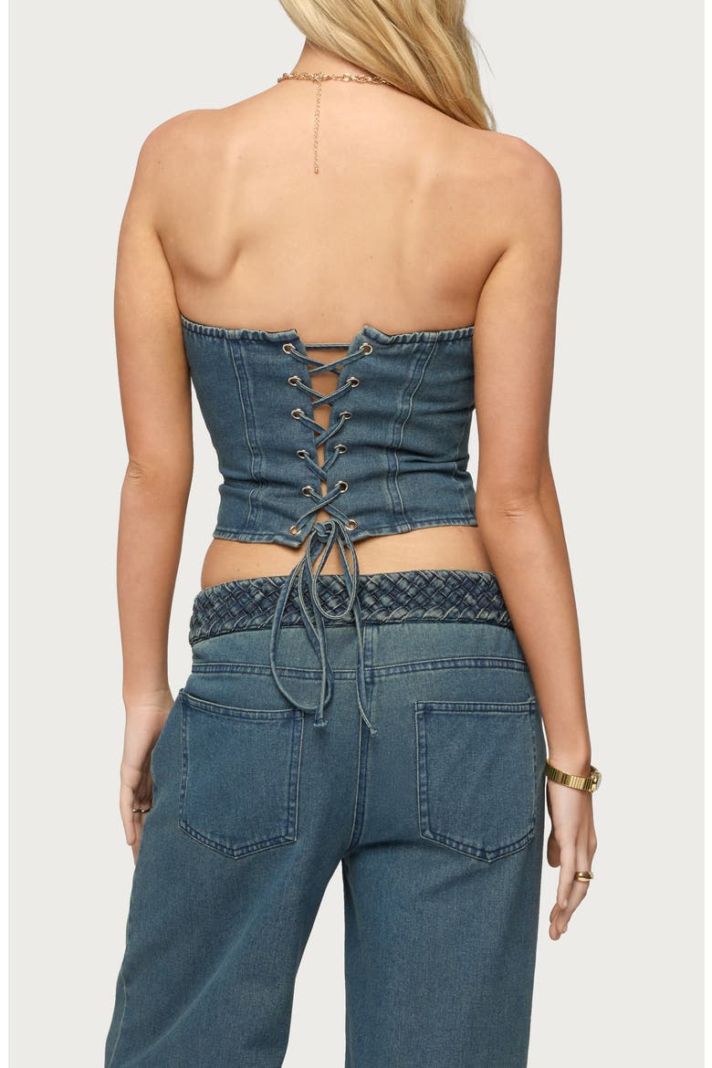 Braidey Strapless Lace-Up Denim Crop Top, Alternate, color, BLUE-WASHED