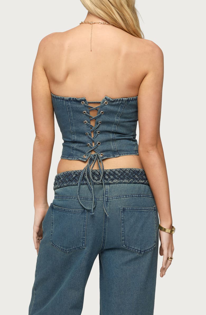 EDIKTED Braidey Strapless Lace-Up Denim Crop Top, Alternate, color,