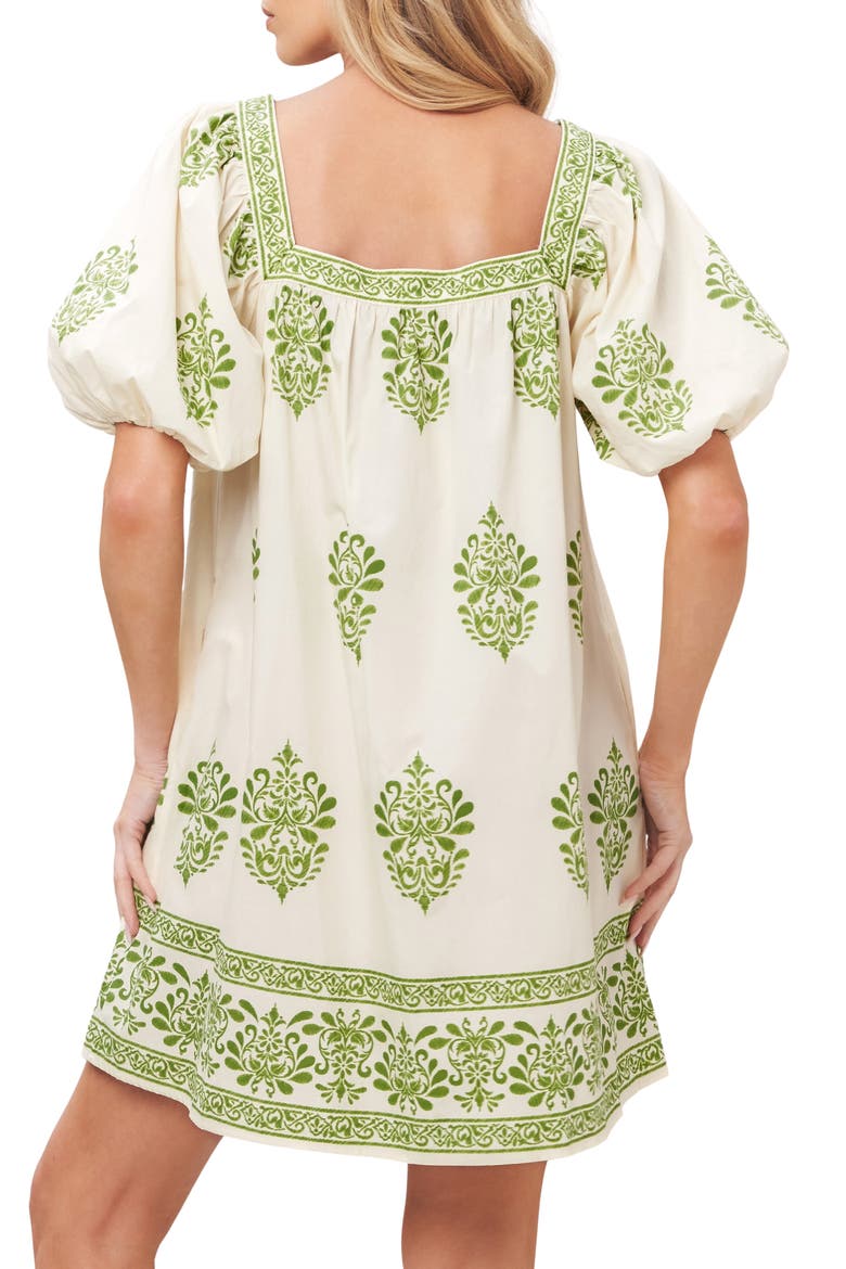 Puff Sleeve Button Front Cotton Minidress, Alternate, color, IVORY GREEN