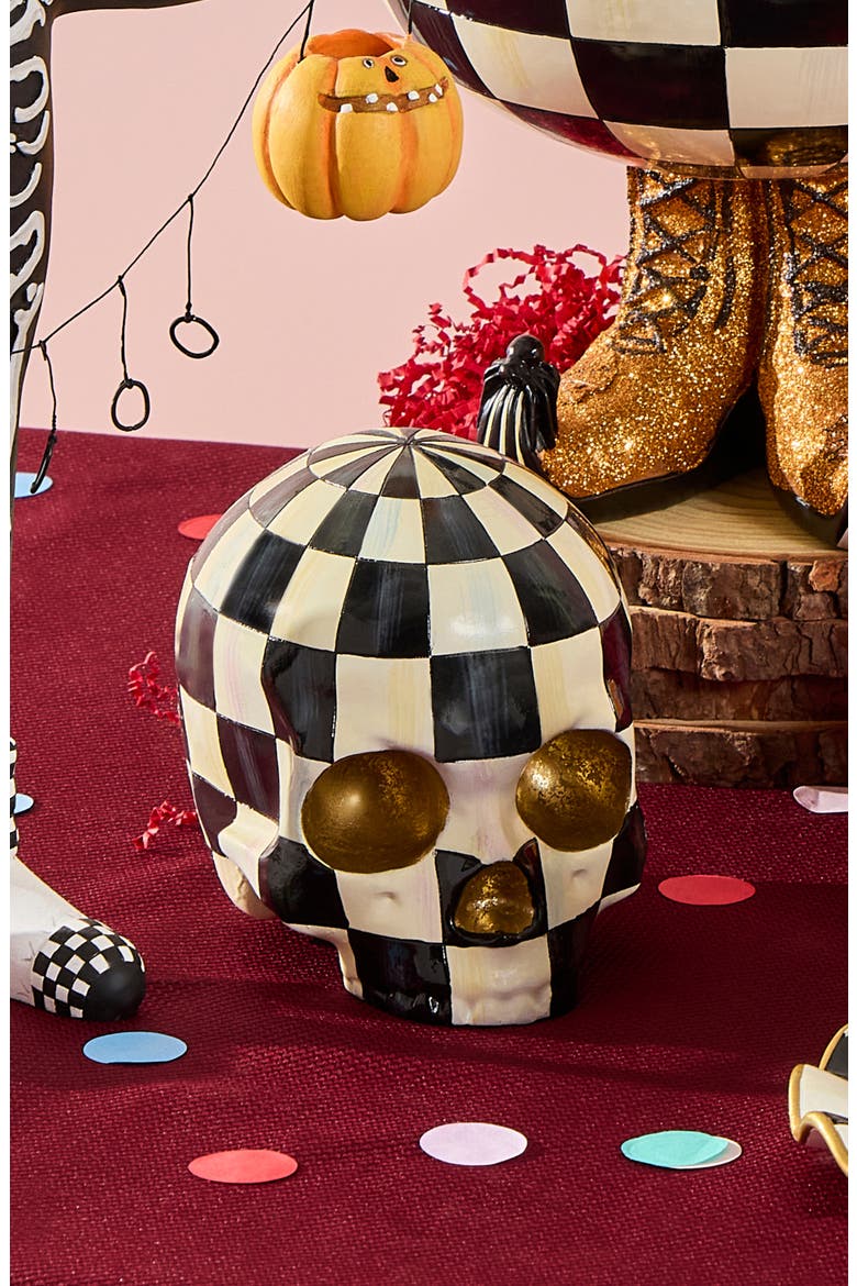 Courtly Check Skull Ornament, Alternate, color, BLACK