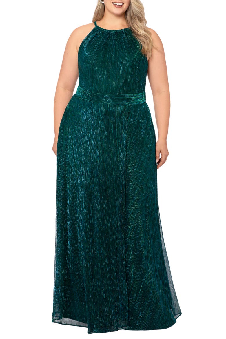 Metallic Crinkle A-Line Gown, Main, color, JADE