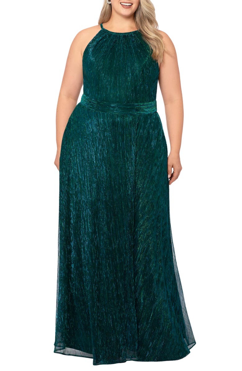 Betsy & Adam Metallic Crinkle A-Line Gown, Main, color, Jade