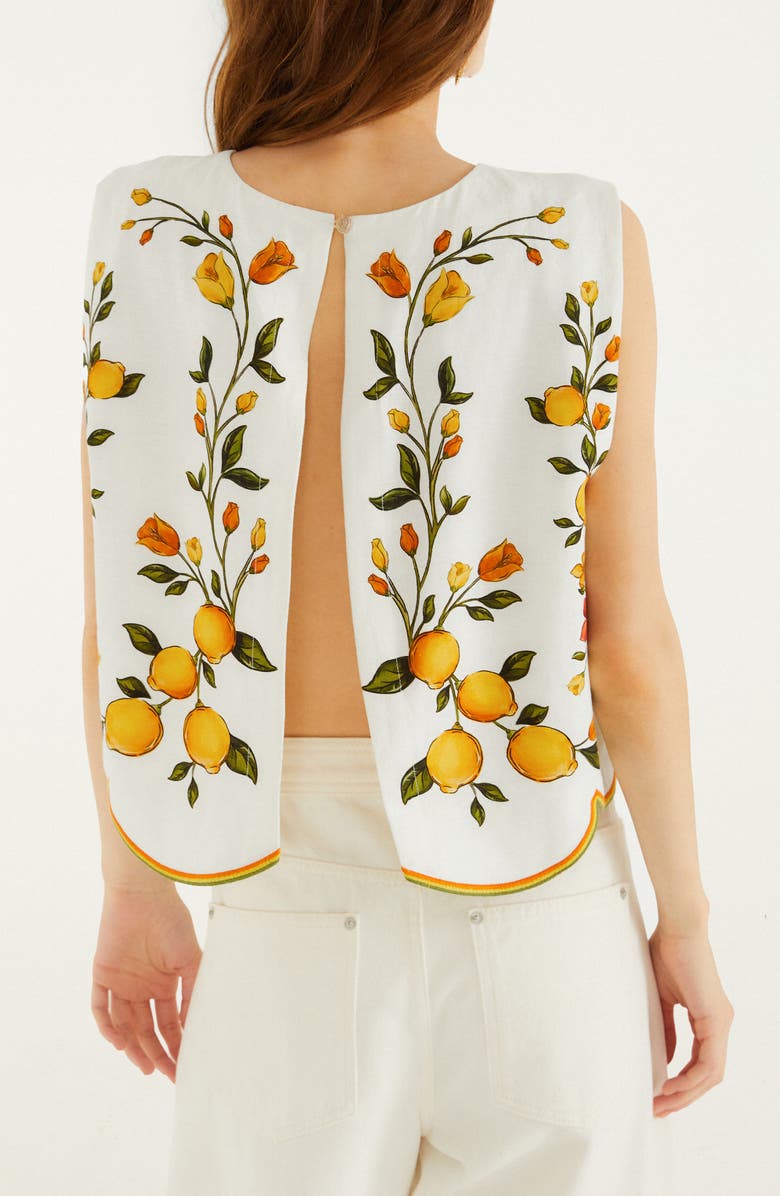 FARM Rio Lemon Bouquet Floral Linen Blend Crop Top, Alternate, color, Lemon Bouquet Off-White
