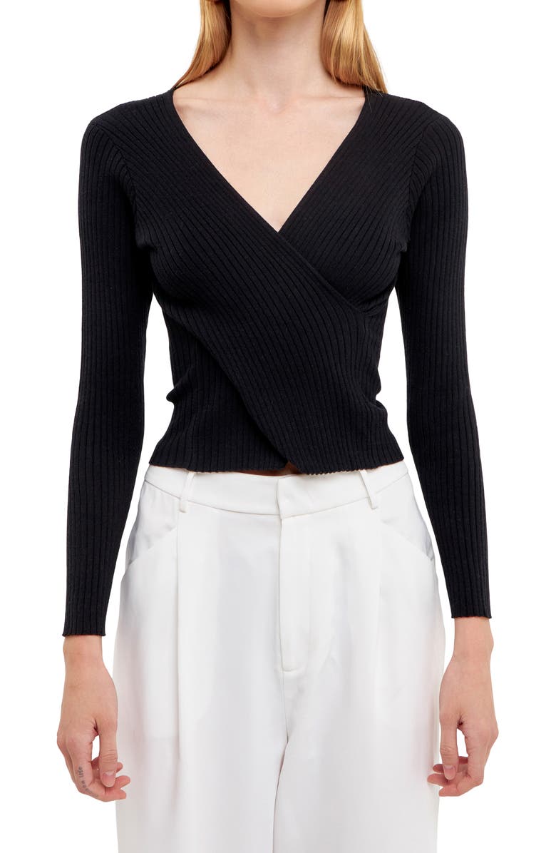 Endless Rose Wrap Front Rib Sweater, Alternate, color, Black