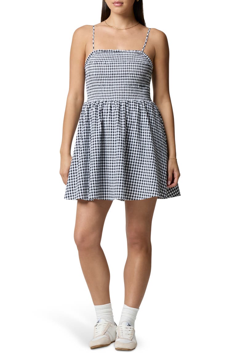 Fit & Flare Smocked Minidress, Main, color, BLACK/ WHITE GINGHAM
