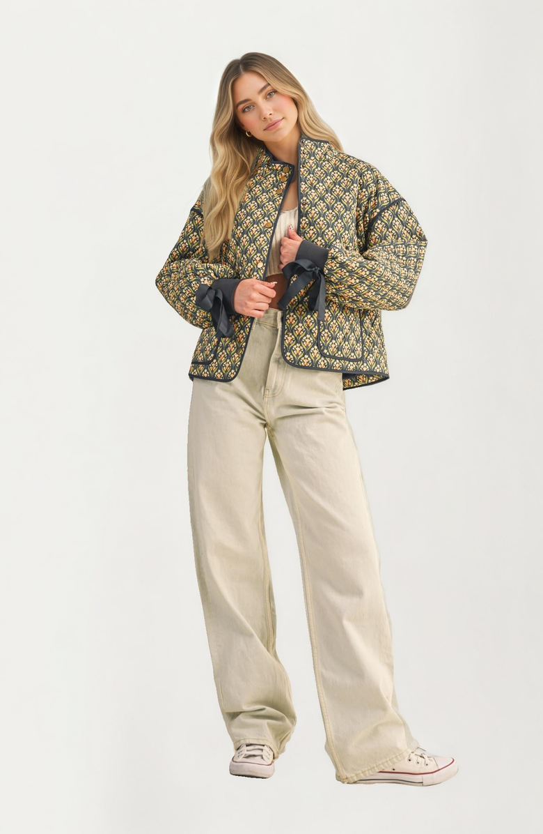 Knit and Lounge Floral Quilted Ribbon Open Front Jacket, Alternate, color, 
