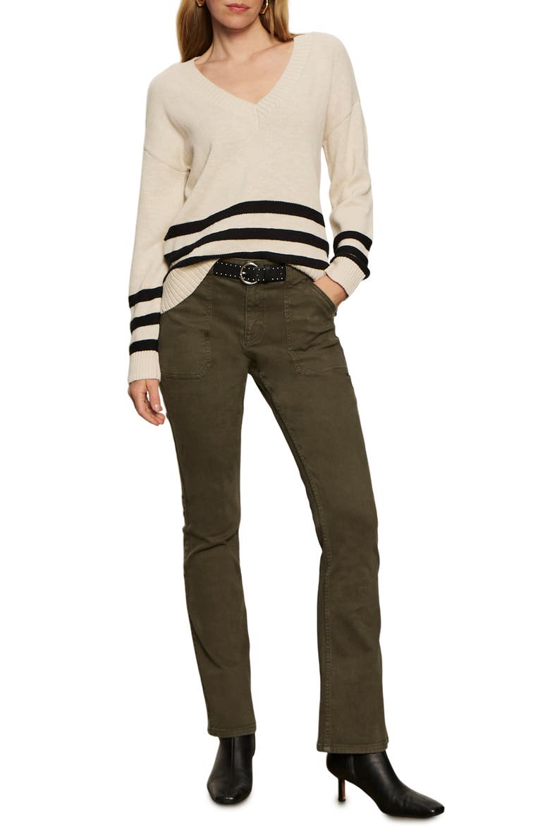 Stripe Hem V-Neck Cotton Sweater, Alternate, color, LIGHT OAT BEIGE/ BLACK
