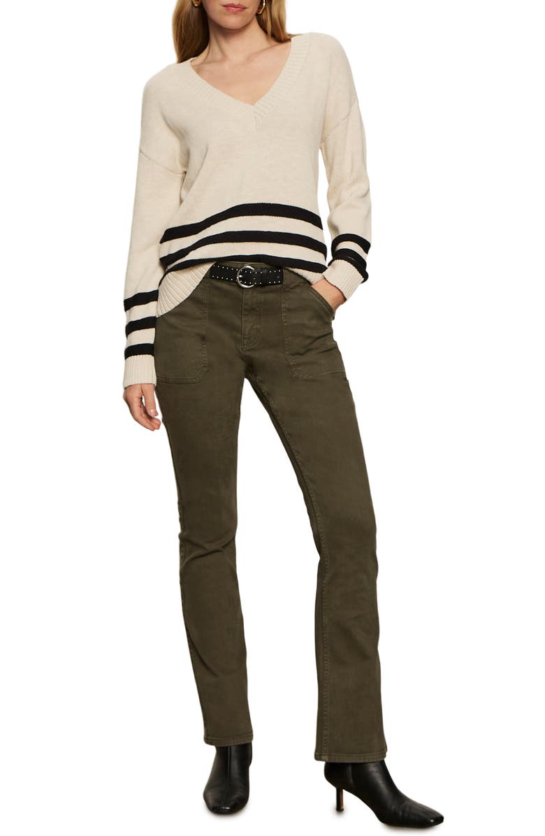 Sanctuary Stripe Hem V-Neck Cotton Sweater, Alternate, color, Light Oat Beige/ Black