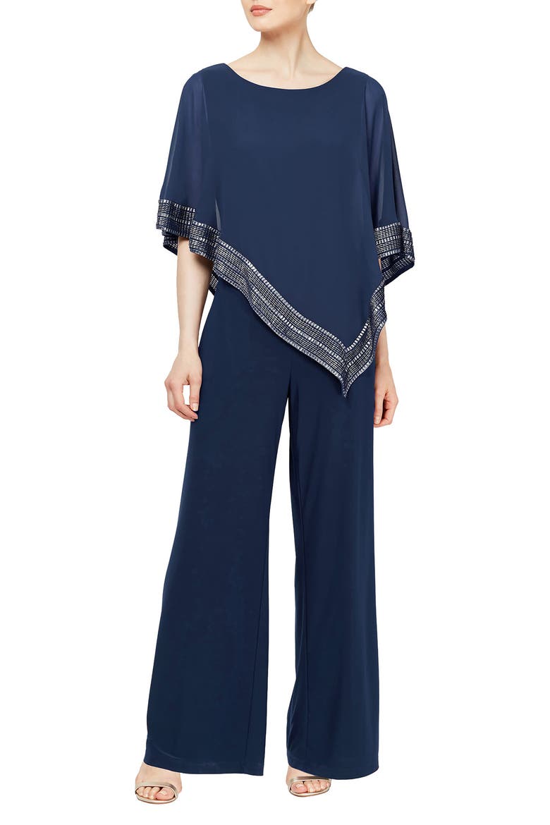 Foil Trim Asymmetric Popover Capelet Jumpsuit, Main, color, NAVY/SILVER