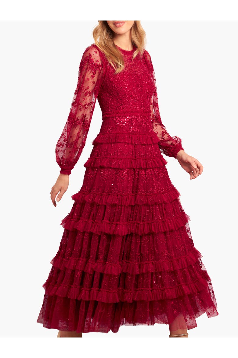 Blossom Long Sleeve Lace Ankle Gown, Main, color, Red