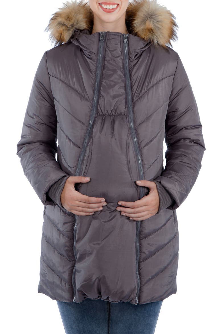 Faux Fur Trim Convertible Puffer 3-in-1 Maternity Jacket, Alternate, color, DARK GREY
