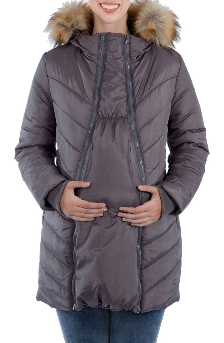 Modern Eternity Faux Fur Trim Convertible Puffer 3-in-1 Maternity Jacket, Alternate, color, Dark Grey