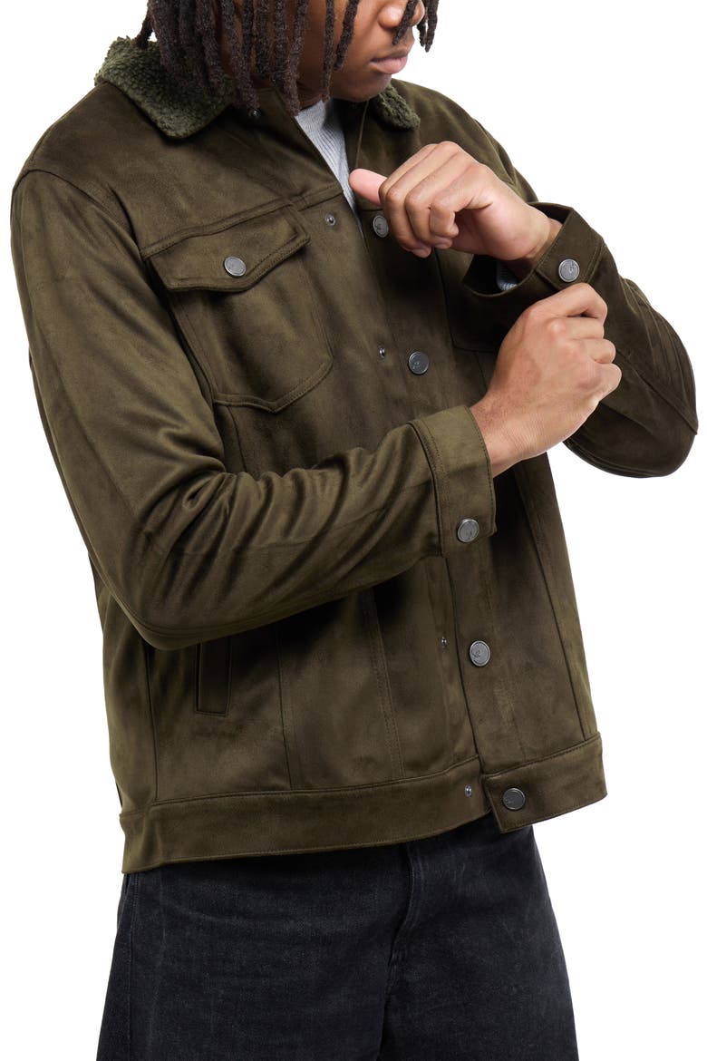 Faux Fur Collar Faux Suede Jacket, Alternate, color, OLIVE