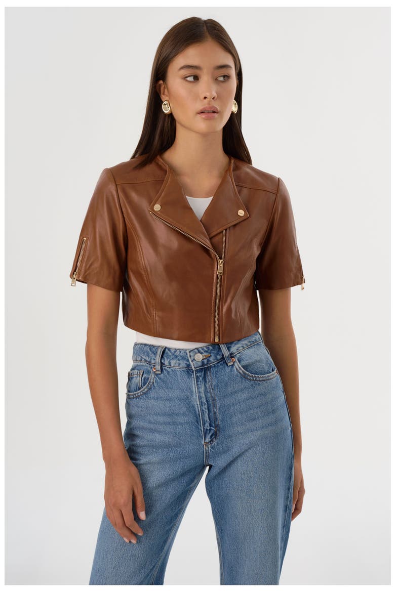 Kirsi Gold | Cropped Biker Jacket, Main, color, Luggage