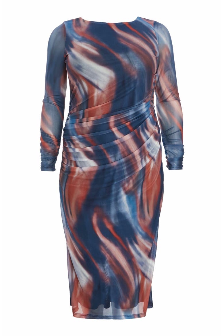 Plus Size Mesh Marble Round Neck Long Sleeve Maxi Dress, Alternate, color, Dark Blue