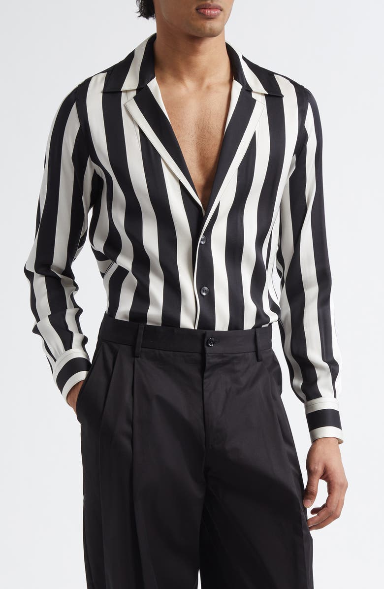 Dolce&Gabbana Stripe Stretch Silk Charmeuse Button-Up Shirt, Main, color, Haxrn Riga Grande Nero/ Bco