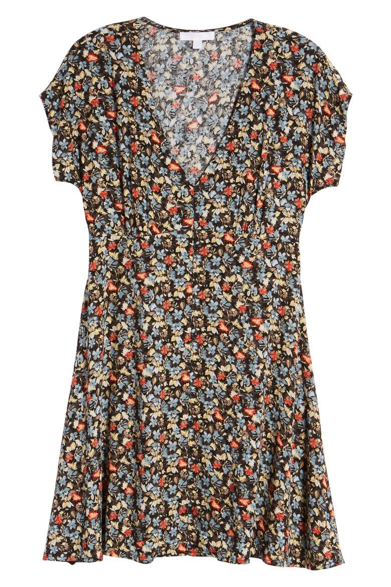 Floral Print Button Front Dress, Alternate, color, BLACK GROUND FLORAL
