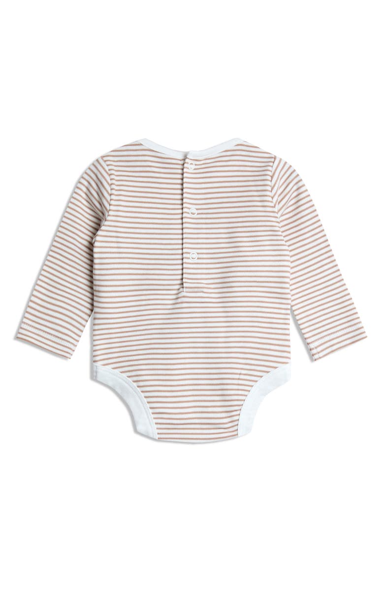 JOJO MAMAN BEBE Stripe Long Sleeve Bodysuit & Bear Appliqué Overalls Set, Alternate, color, Brown