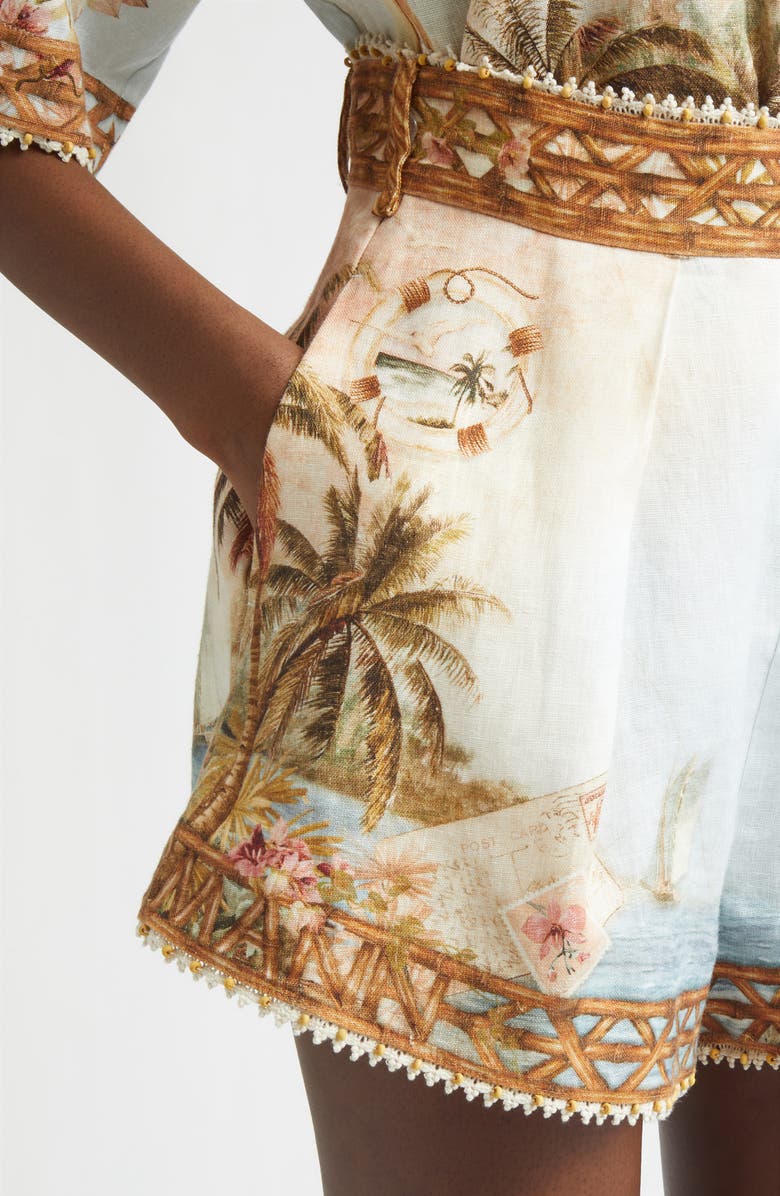 Zimmermann Mahon Postcard Print Linen Shorts, Alternate, color, Island Map Blue