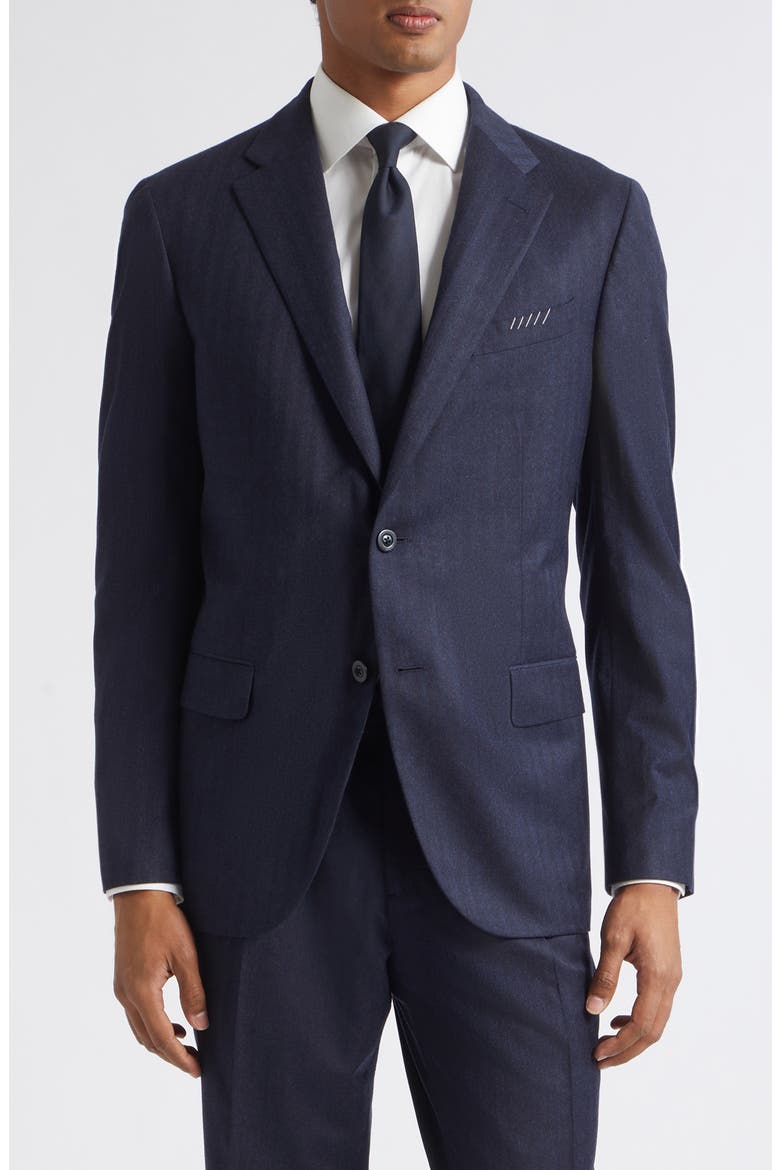 Micro Herringbone Wool and Silk Suit, Alternate, color, NAVY