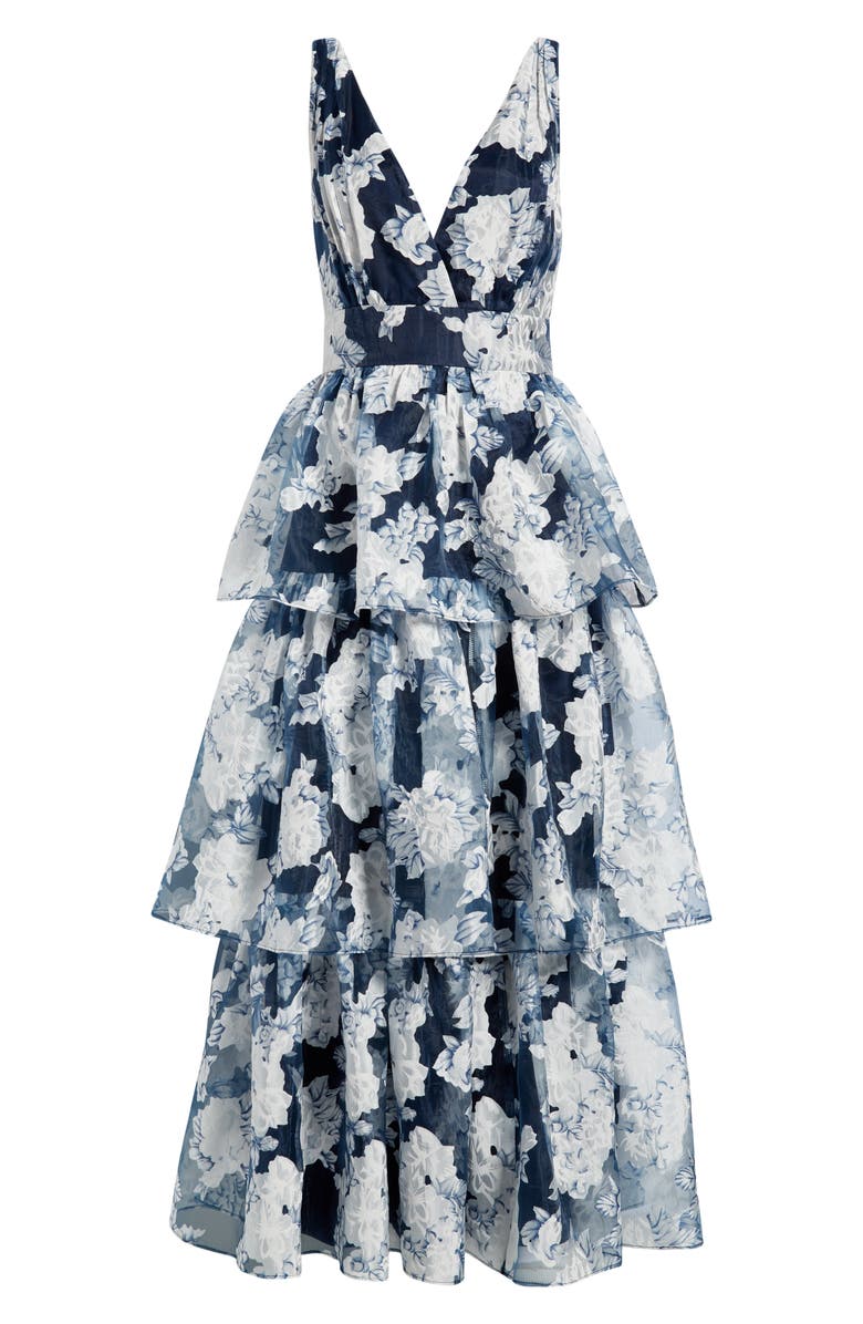 Lulus Vallia Floral Tiered Gown, Alternate, color, Navy Floral