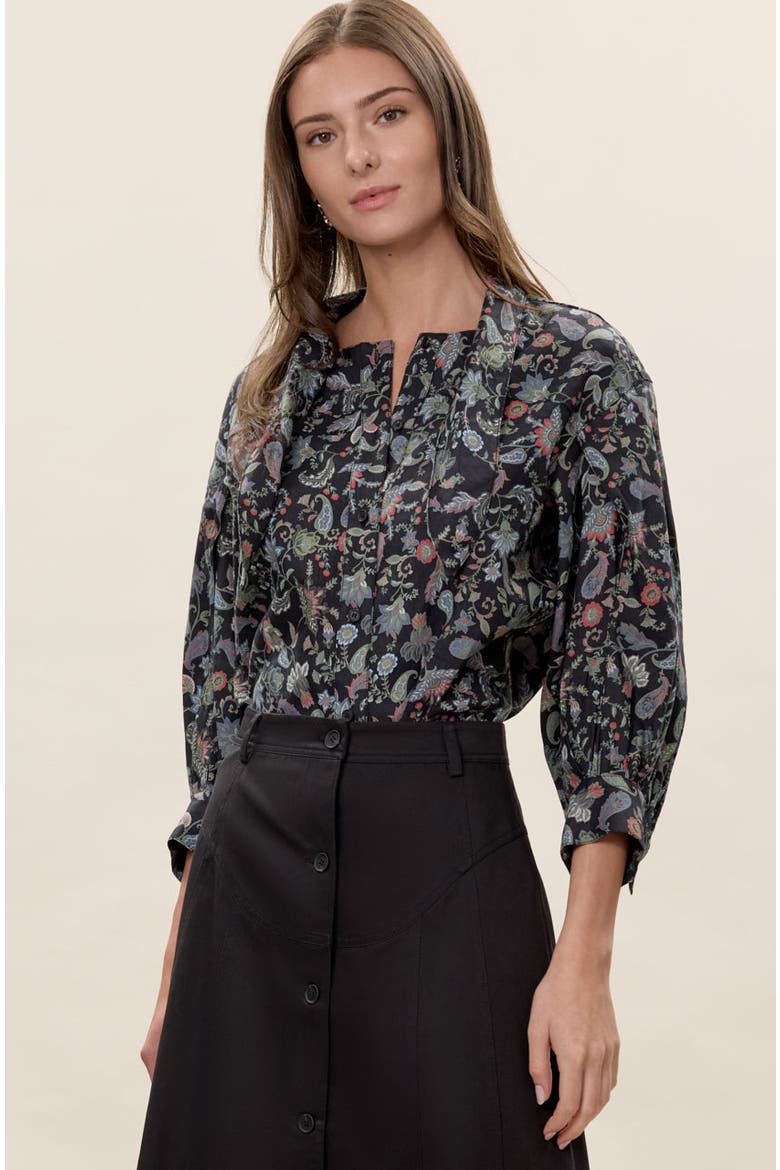 Aurelia Stretch Linen Top, Main, color, Navy Multi