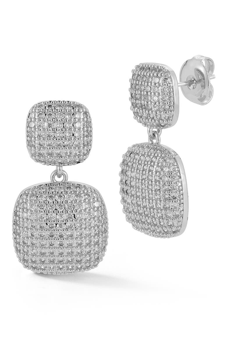 Pavé Cubic Zirconia Cushion Drop Earrings, Main, color, SILVER