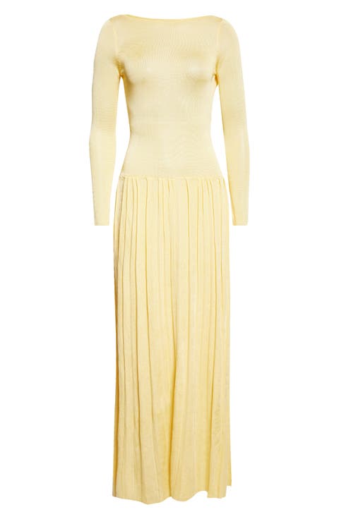 Kingsley Pleated Long Sleeve Drop Waist Column Dress