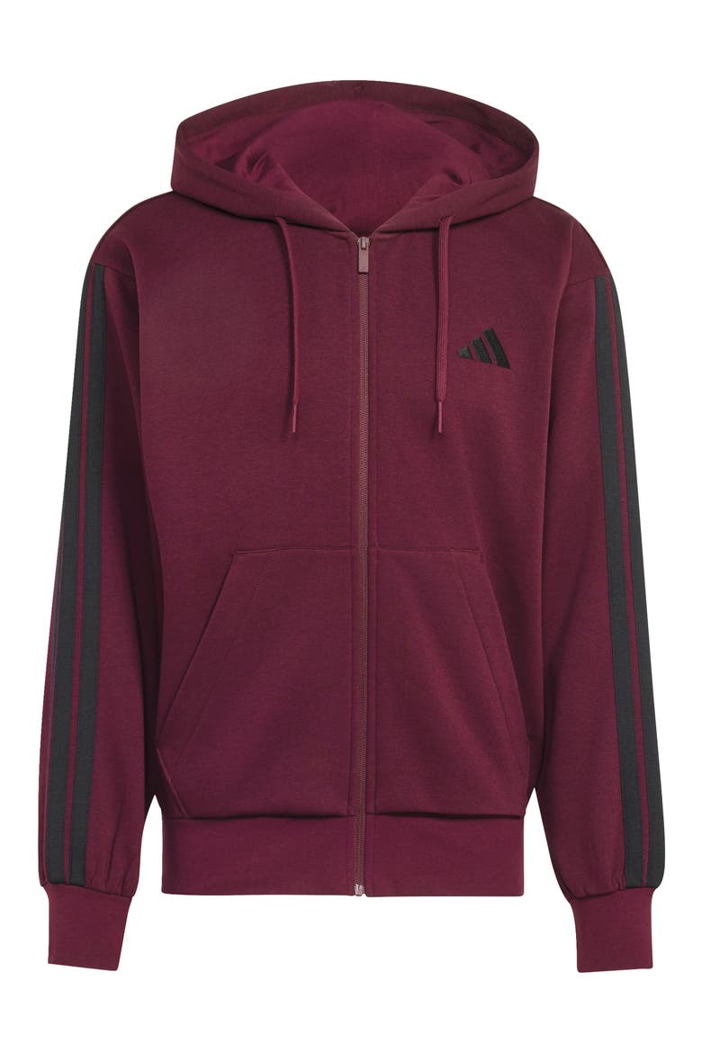 Essentials 3-Stripes Full Zip Hoodie, Alternate, color, MAROON/ BLACK