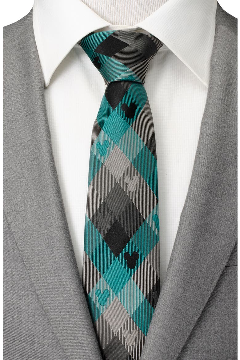 x Disney Mickey Silhouette Plaid Silk Tie, Alternate, color, TEAL