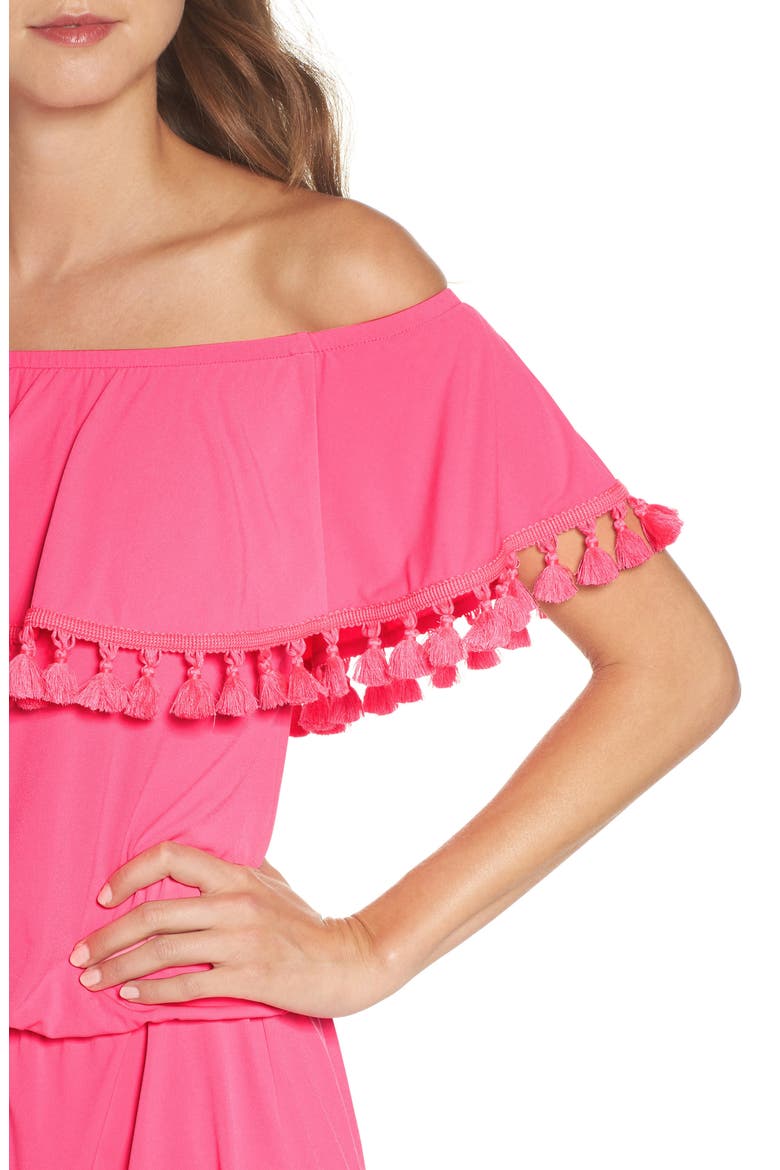 La Fortuna Off the Shoulder Romper, Alternate, color, PINK COSMO
