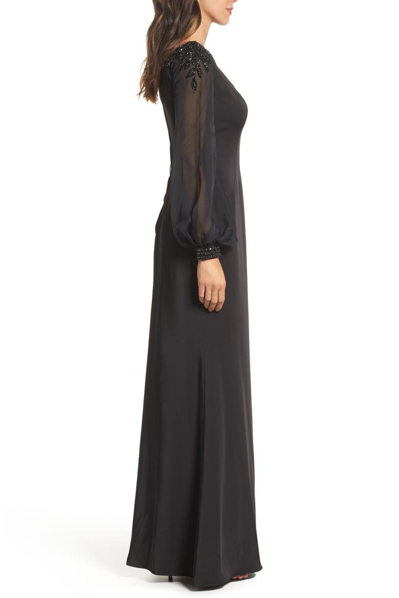 Beaded Bubble Sleeve Gown, Alternate, color, BLACK