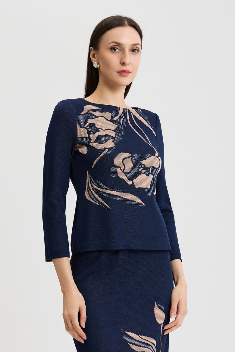 Floral Jacquard Soft Knit Top, Alternate, color, Indigo/Ivory/Warm Taupe