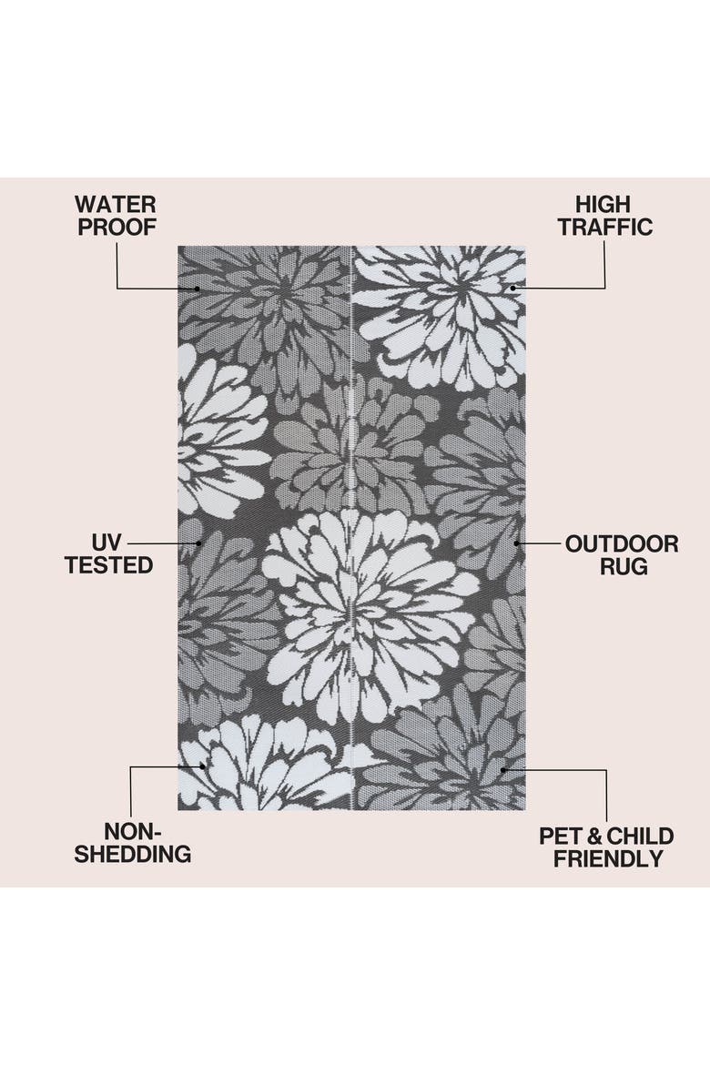 Bloom Modern Floral Foldable Waterproof Reversible Plastic Straw Outdoor Rug, Alternate, color, Gray/White